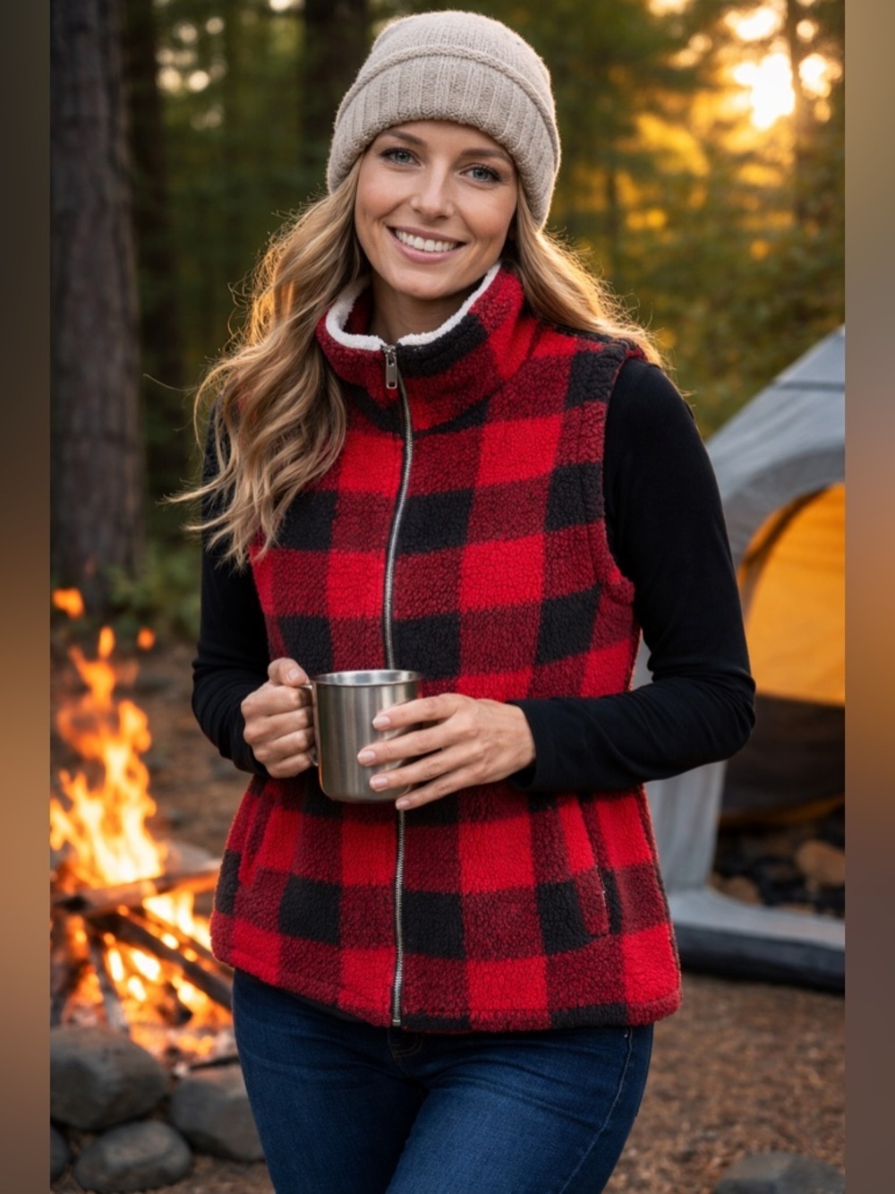 Kismet Buffalo Plaid Sherpa Vest XL Cozy Red Black Zip Up